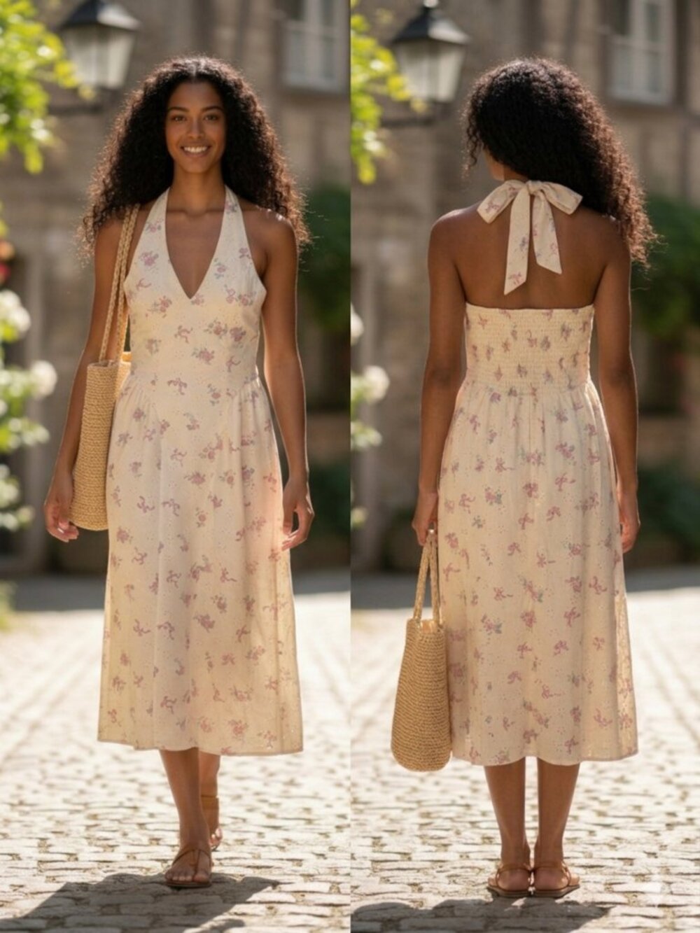 Thirty Thirty Floral Halter Midi Dress NWT Small Yellow Cream Boho